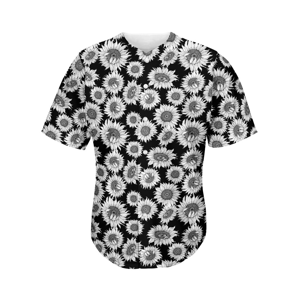 Black And White Sunflower Pattern Print Men's Baseball Jersey