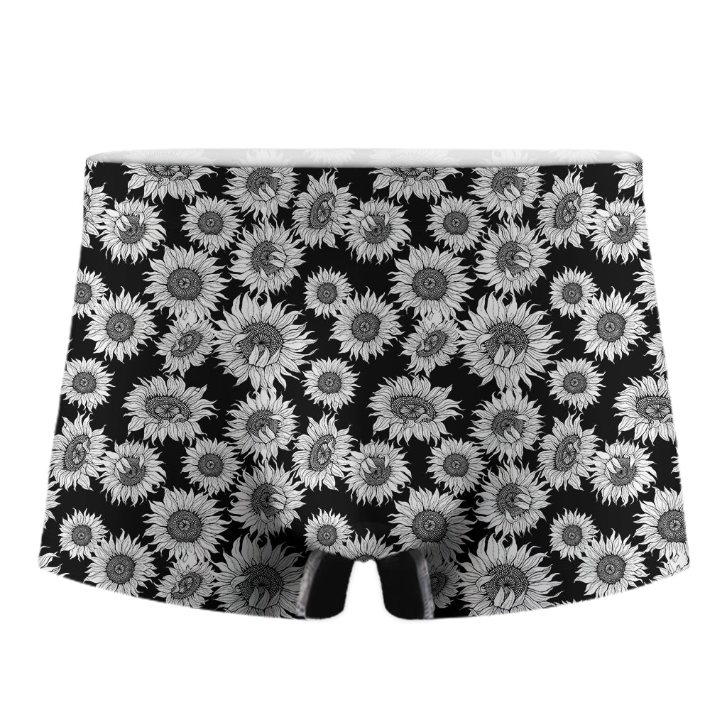 Black And White Sunflower Pattern Print Men's Boxer Briefs