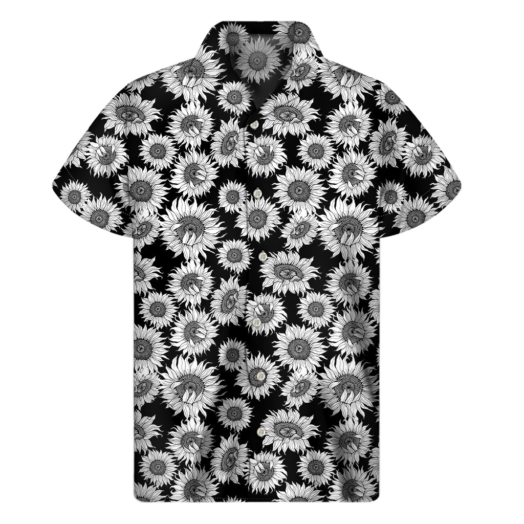 Black And White Sunflower Pattern Print Men's Short Sleeve Shirt