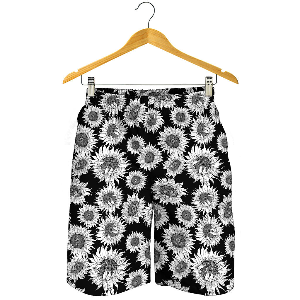 Black And White Sunflower Pattern Print Men's Shorts