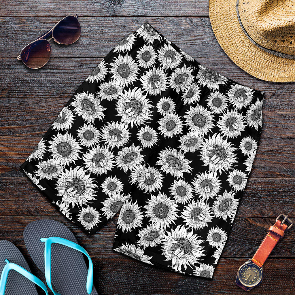 Black And White Sunflower Pattern Print Men's Shorts