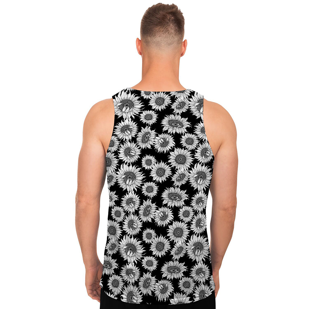 Black And White Sunflower Pattern Print Men's Tank Top