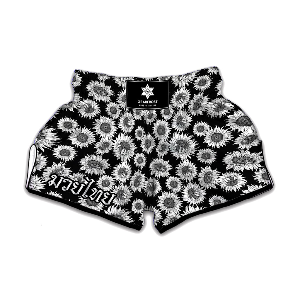 Black And White Sunflower Pattern Print Muay Thai Boxing Shorts