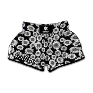 Black And White Sunflower Pattern Print Muay Thai Boxing Shorts