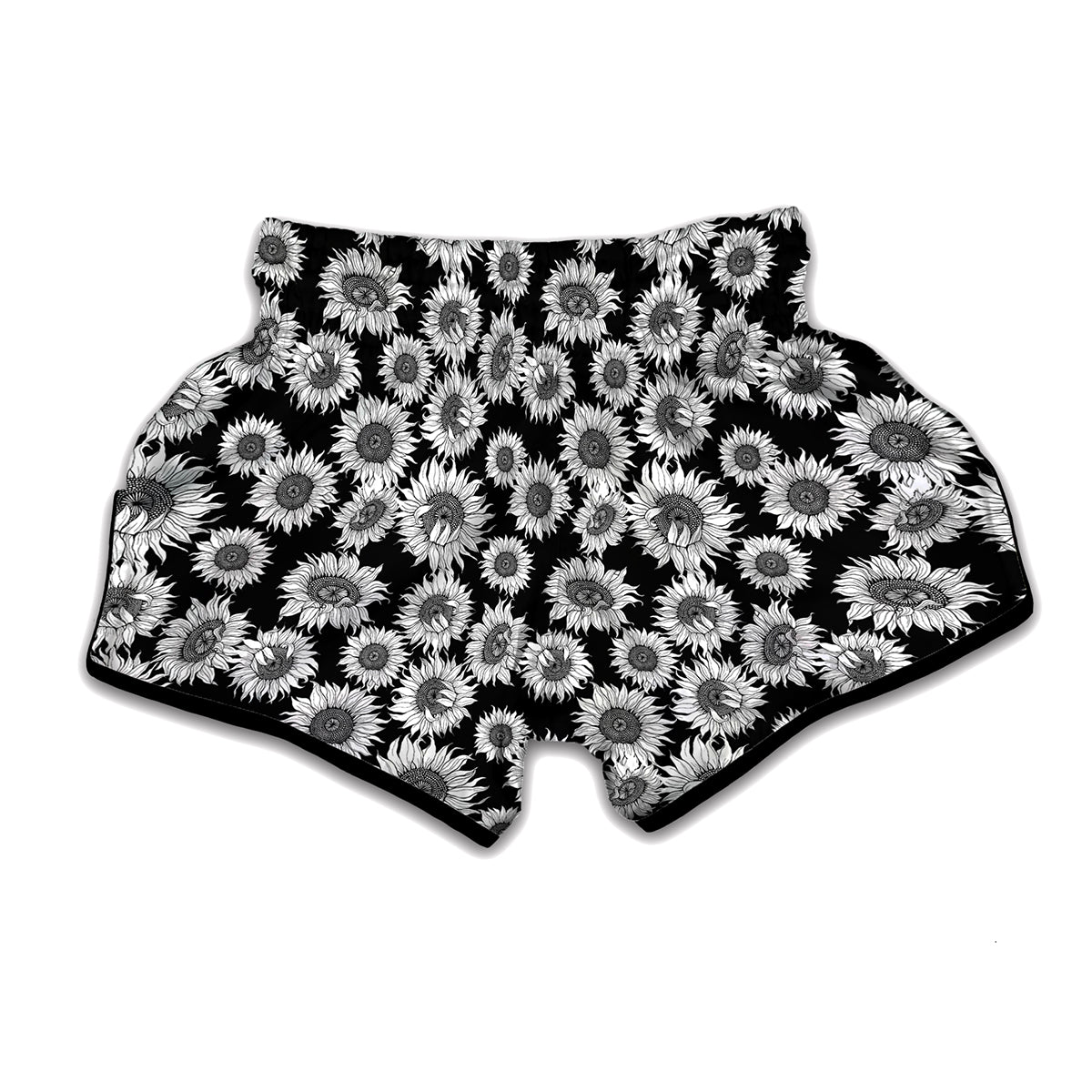 Black And White Sunflower Pattern Print Muay Thai Boxing Shorts