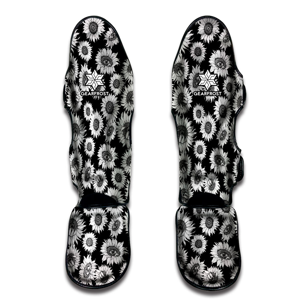 Black And White Sunflower Pattern Print Muay Thai Shin Guard