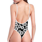 Black And White Sunflower Pattern Print One Piece High Cut Swimsuit