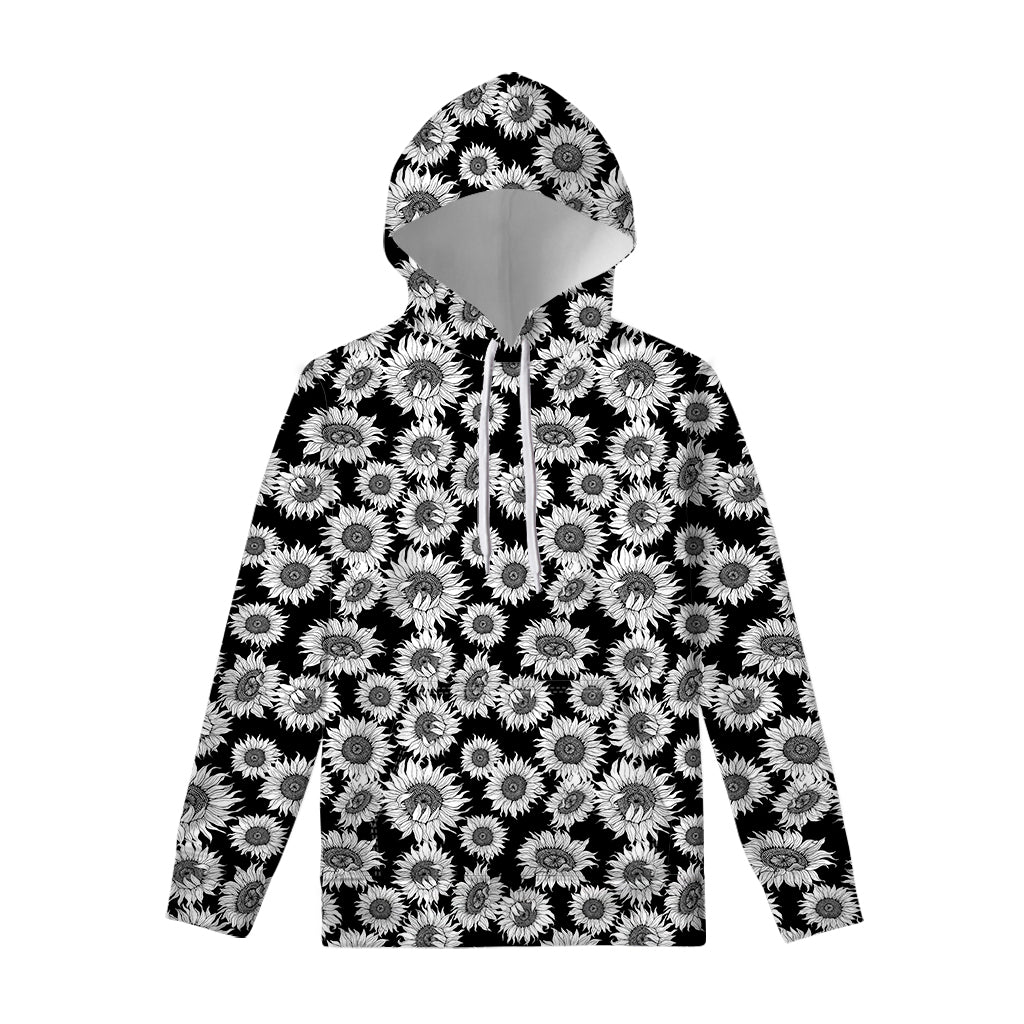 Black And White Sunflower Pattern Print Pullover Hoodie