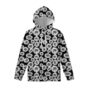 Black And White Sunflower Pattern Print Pullover Hoodie