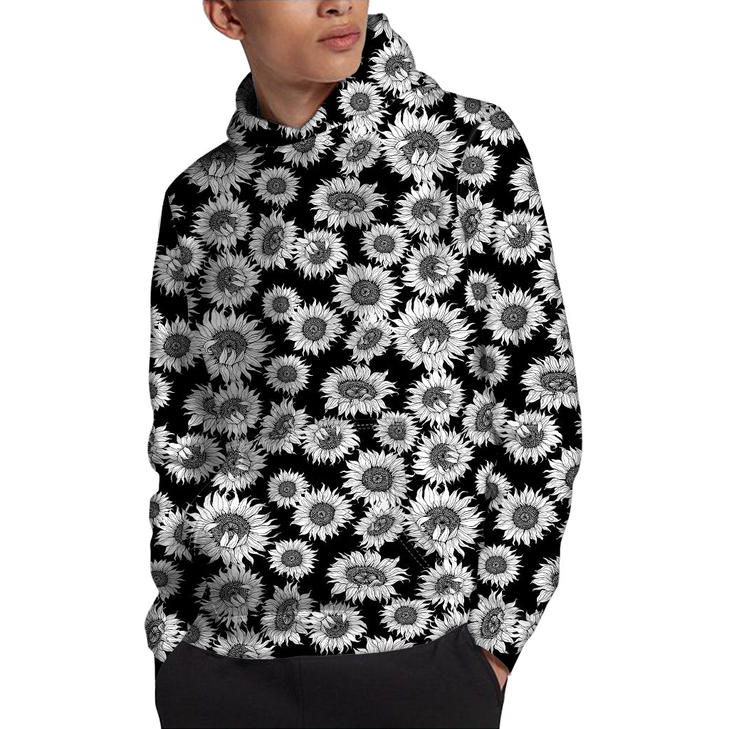Black And White Sunflower Pattern Print Pullover Hoodie