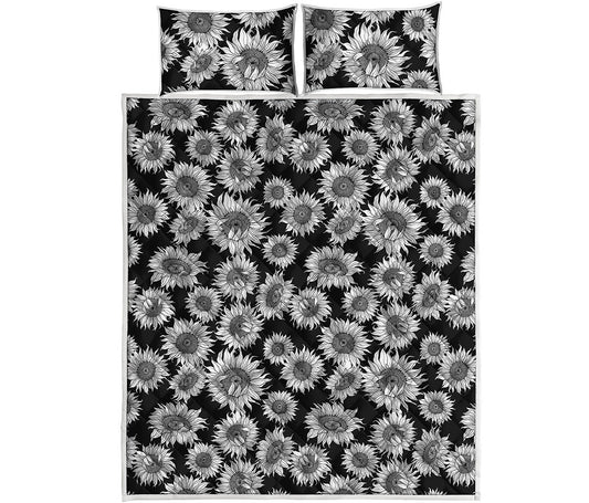 Black And White Sunflower Pattern Print Quilt Bed Set