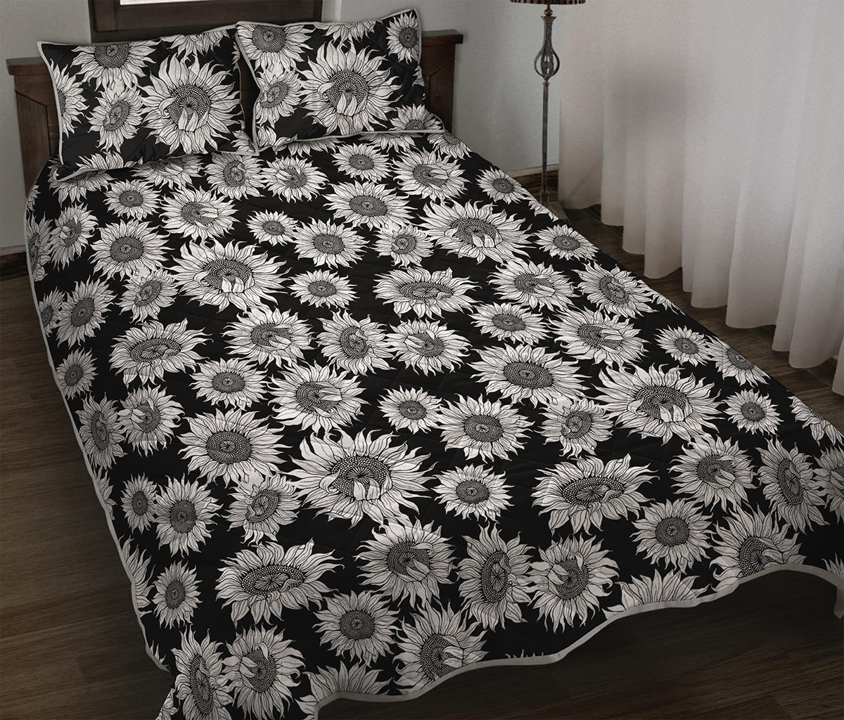 Black And White Sunflower Pattern Print Quilt Bed Set