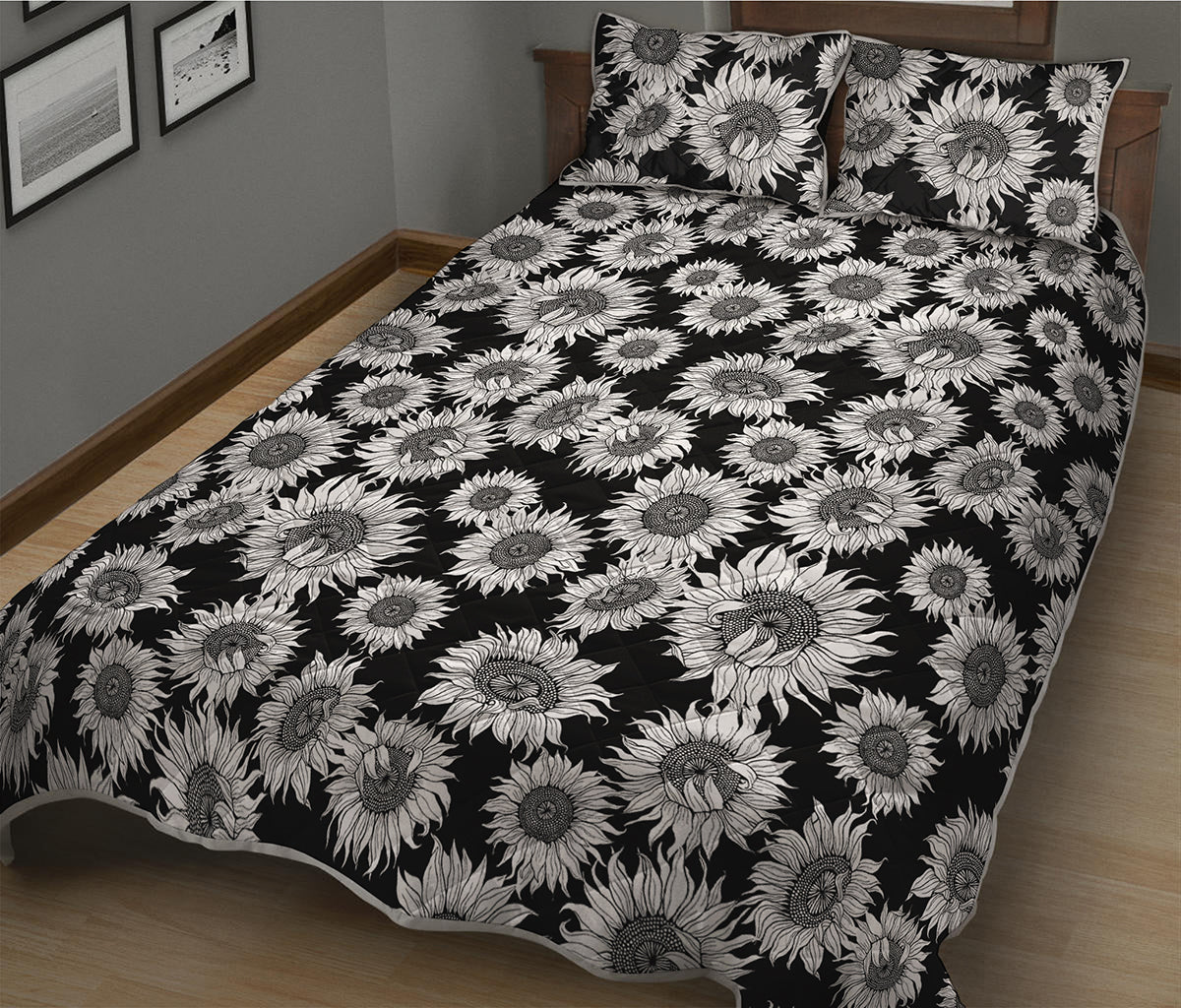Black And White Sunflower Pattern Print Quilt Bed Set
