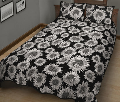 Black And White Sunflower Pattern Print Quilt Bed Set