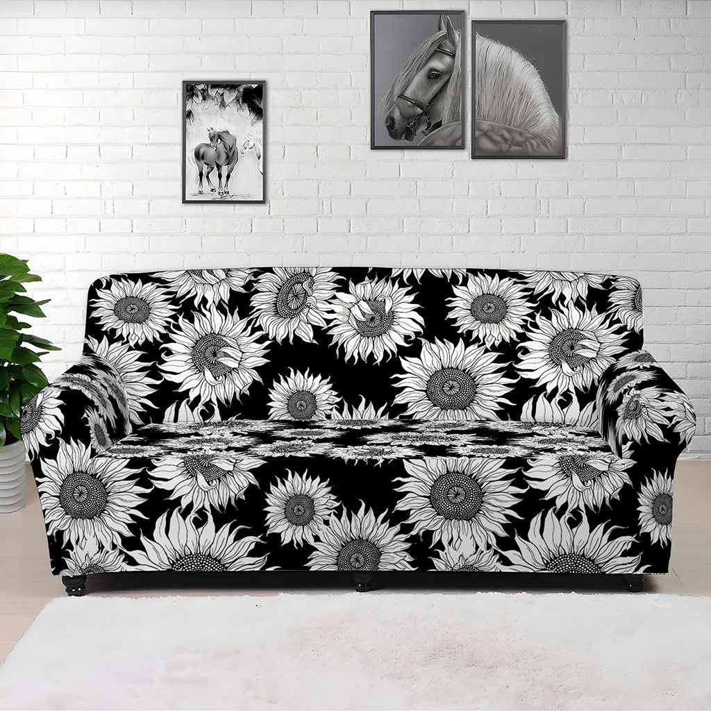 Black And White Sunflower Pattern Print Sofa Cover