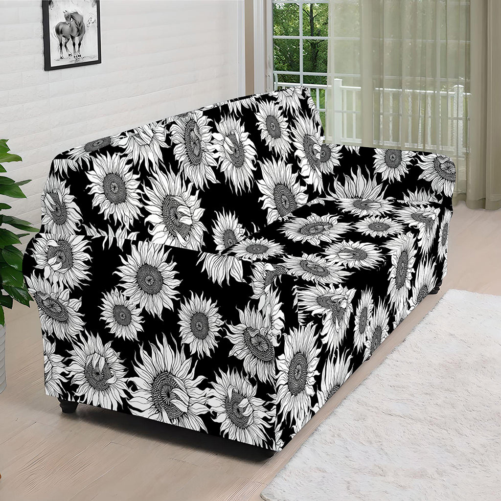Black And White Sunflower Pattern Print Sofa Cover