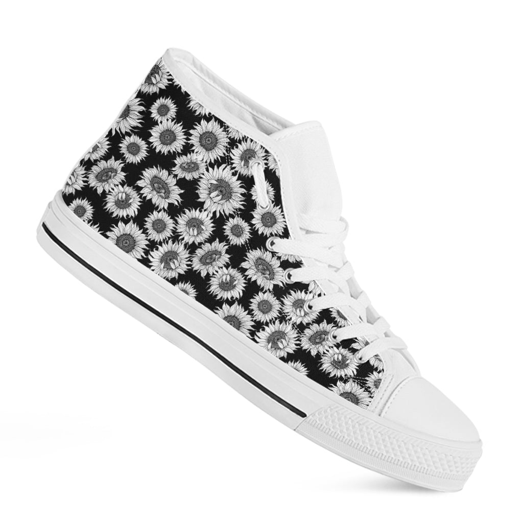 Black And White Sunflower Pattern Print White High Top Shoes