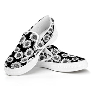 Black And White Sunflower Pattern Print White Slip On Shoes