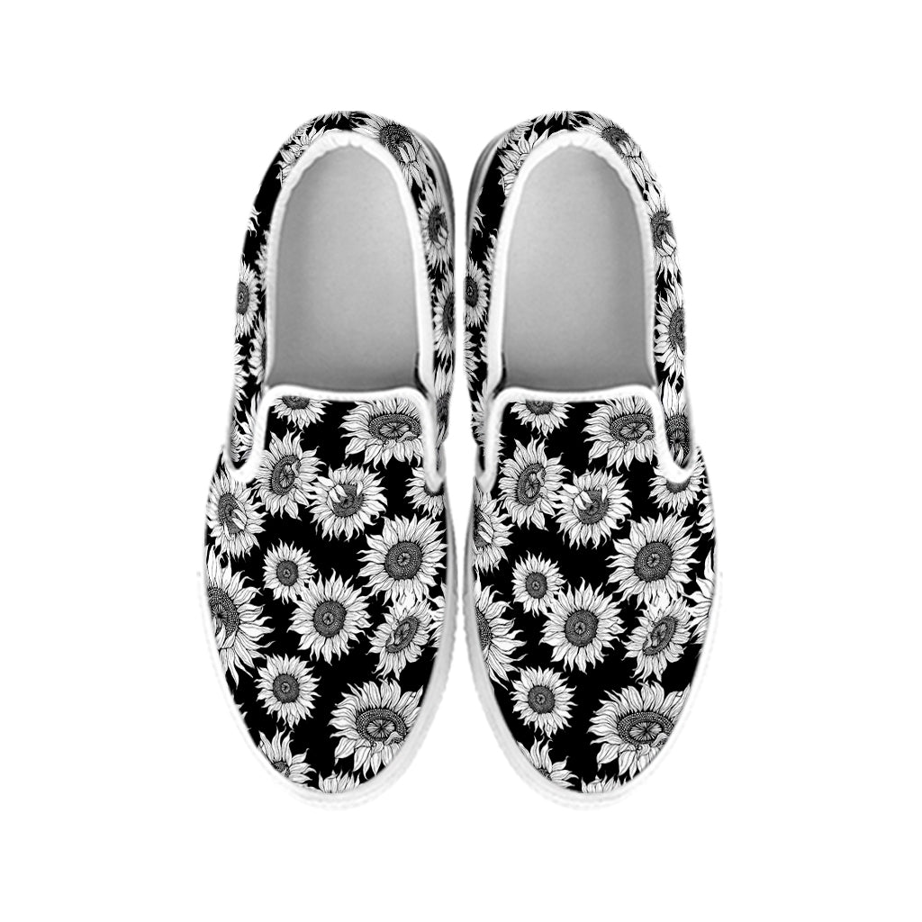 Black And White Sunflower Pattern Print White Slip On Shoes