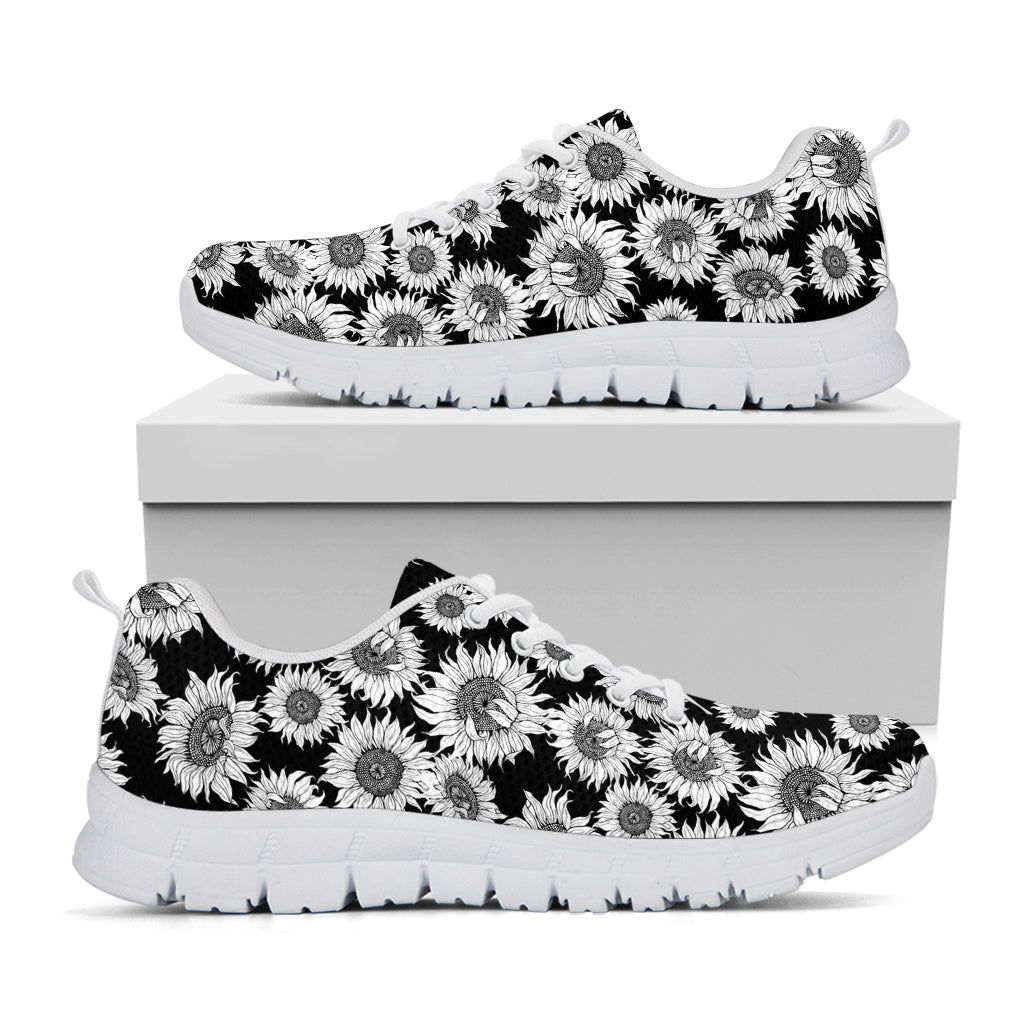 Black And White Sunflower Pattern Print White Sneakers