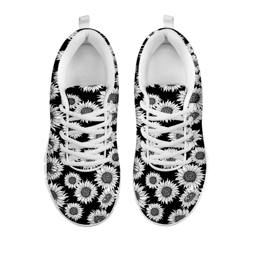 Black And White Sunflower Pattern Print White Sneakers