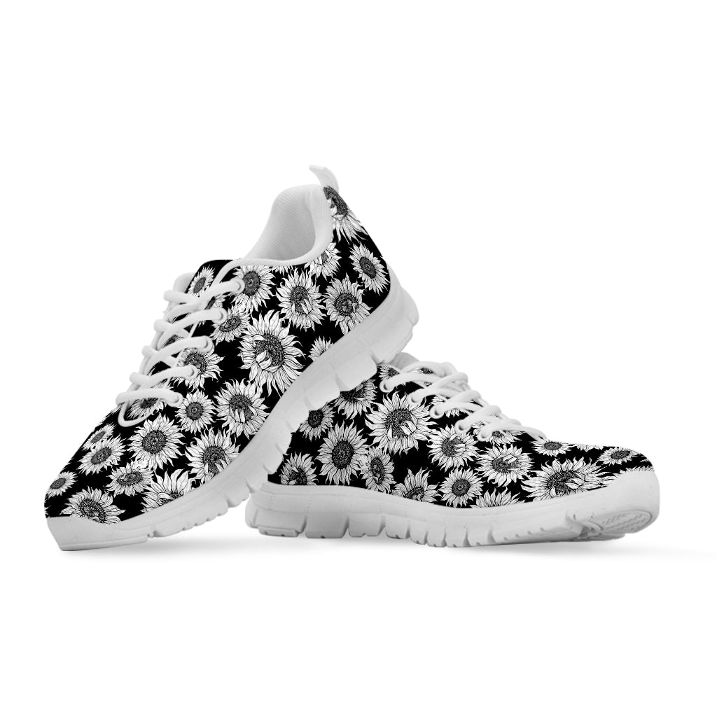 Black And White Sunflower Pattern Print White Sneakers