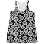 Black And White Sunflower Pattern Print Women's Racerback Tank Top