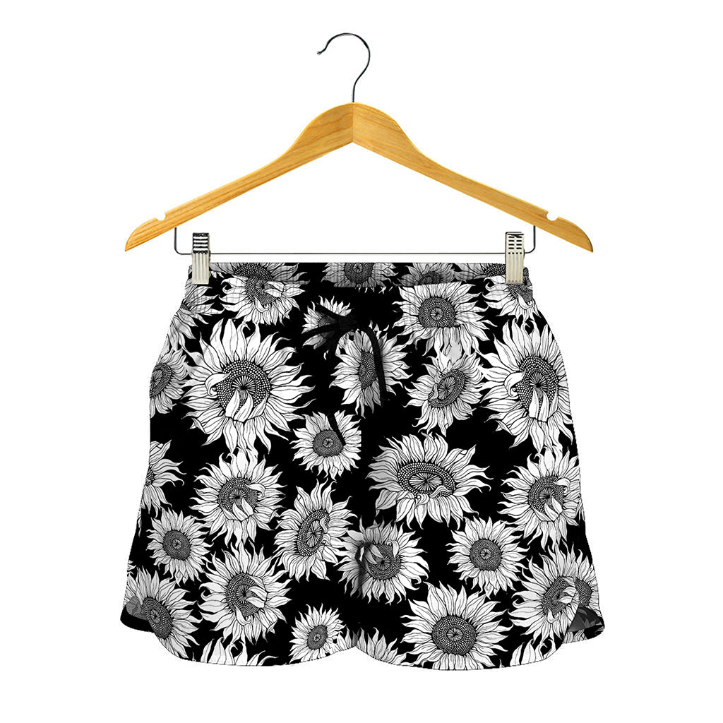 Black And White Sunflower Pattern Print Women's Shorts