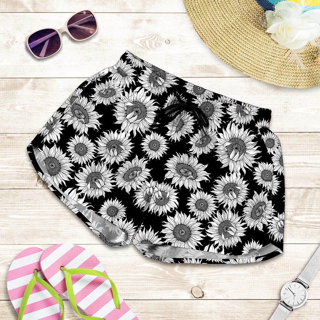 Black And White Sunflower Pattern Print Women's Shorts