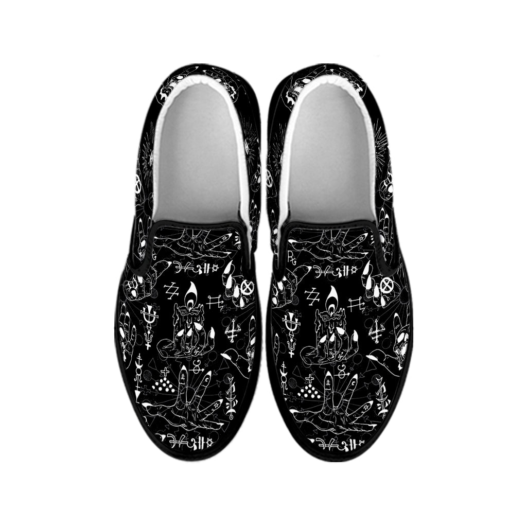 Black And White Supernatural Wicca Print Black Slip On Shoes
