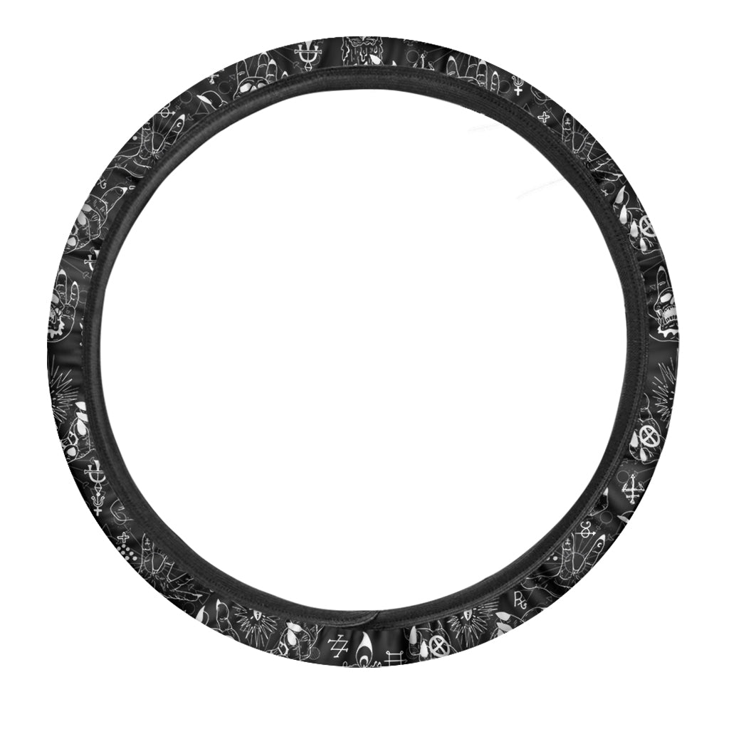 Black And White Supernatural Wicca Print Car Steering Wheel Cover