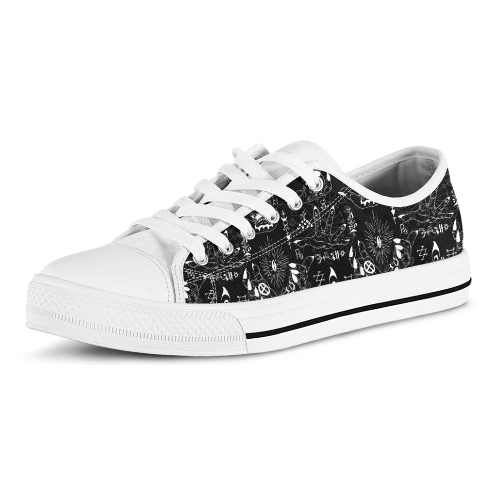 Black And White Supernatural Wicca Print White Low Top Shoes