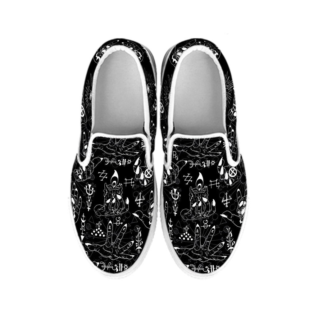 Black And White Supernatural Wicca Print White Slip On Shoes