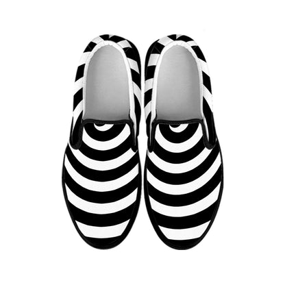Black And White Swirl Illusion Print Black Slip On Shoes
