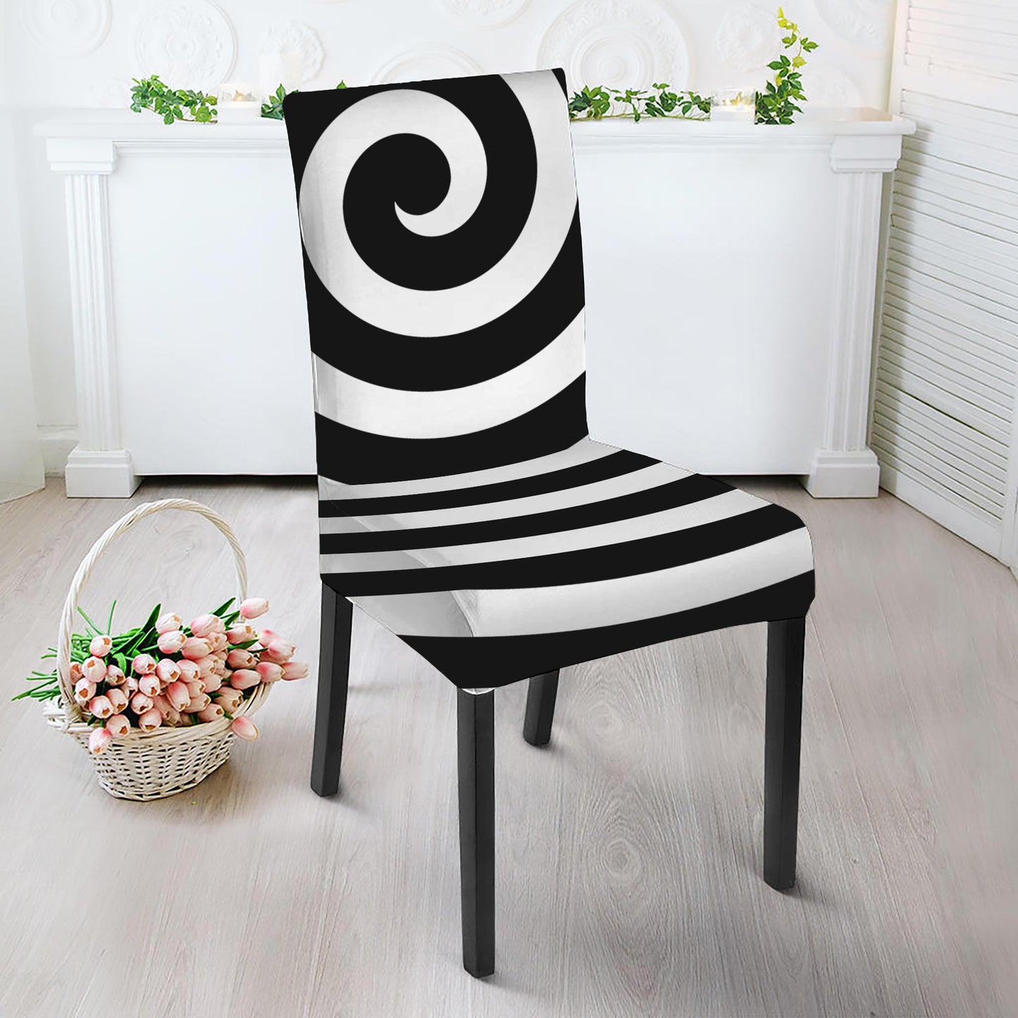 Black And White Swirl Illusion Print Dining Chair Slipcover