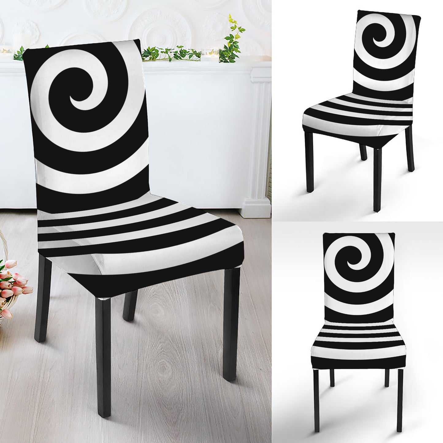 Black And White Swirl Illusion Print Dining Chair Slipcover
