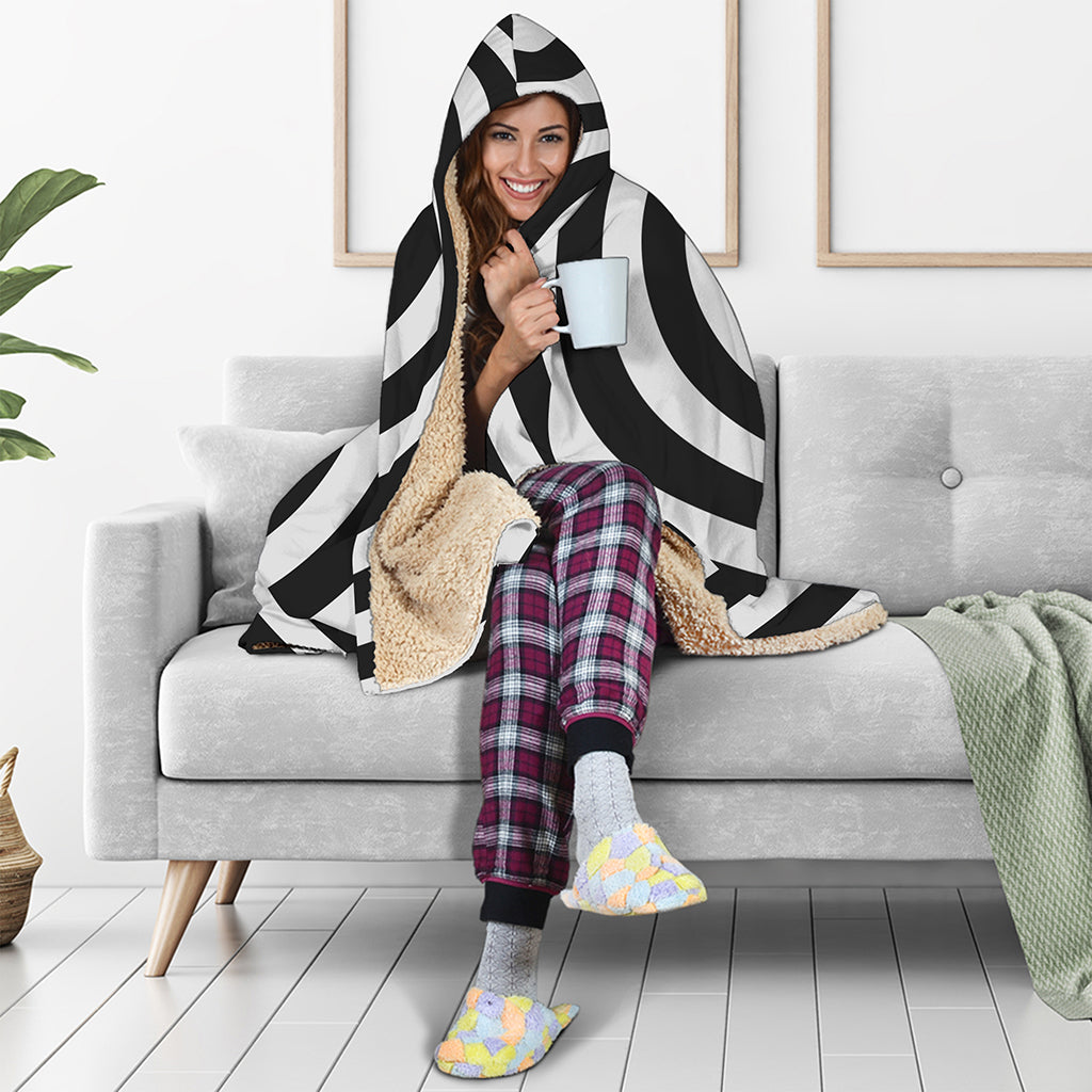 Black And White Swirl Illusion Print Hooded Blanket