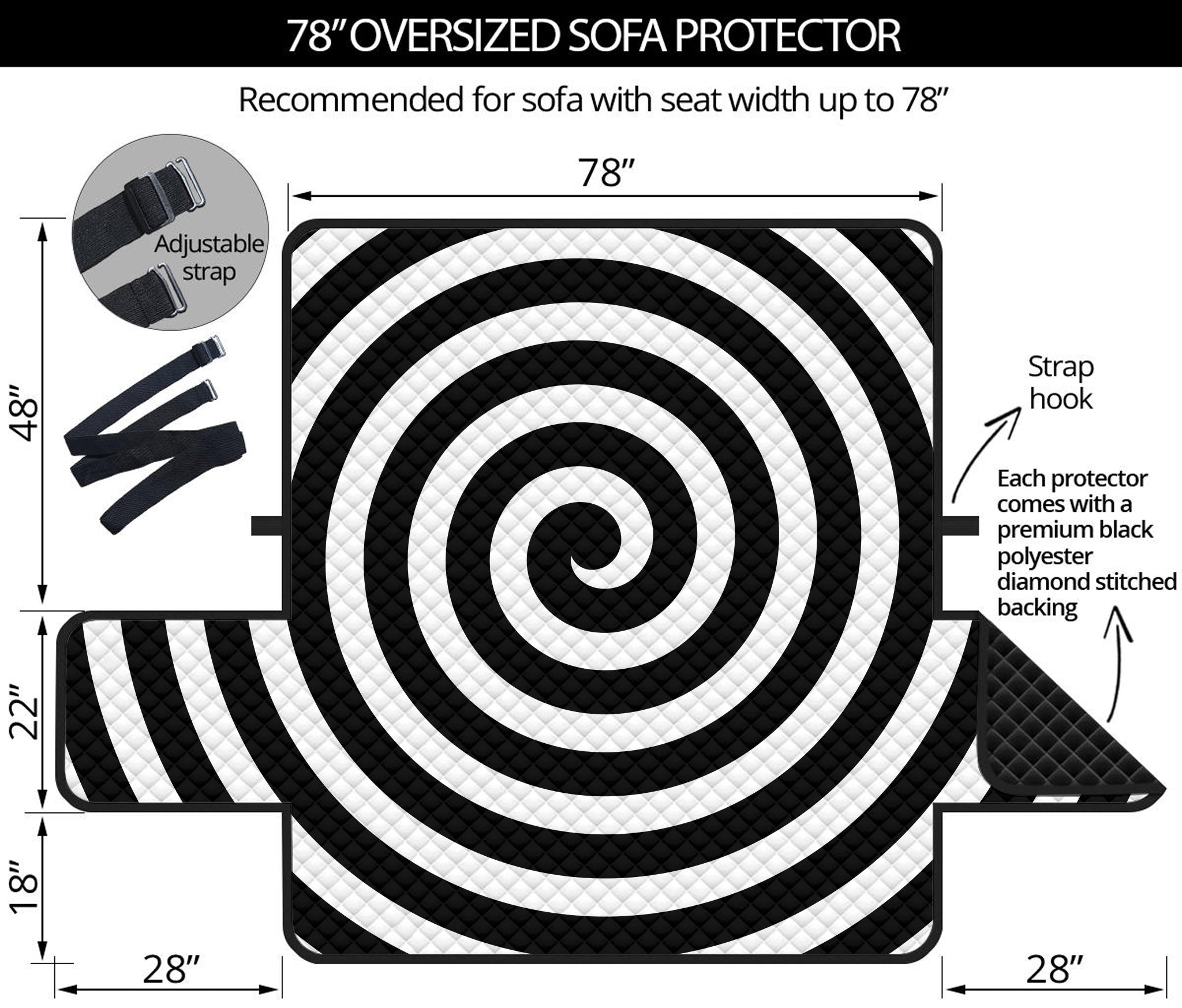 Black And White Swirl Illusion Print Oversized Sofa Protector