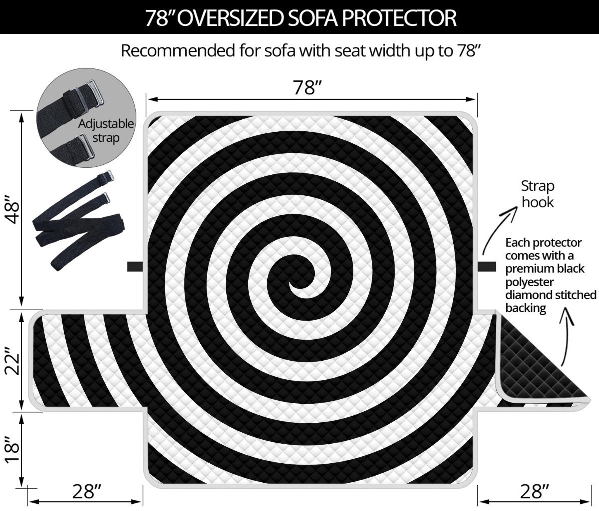 Black And White Swirl Illusion Print Oversized Sofa Protector