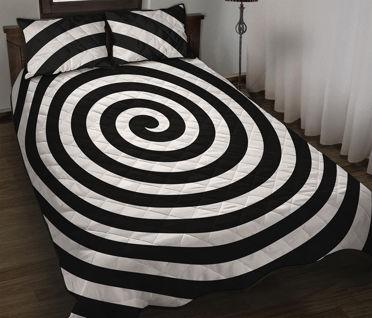 Black And White Swirl Illusion Print Quilt Bed Set