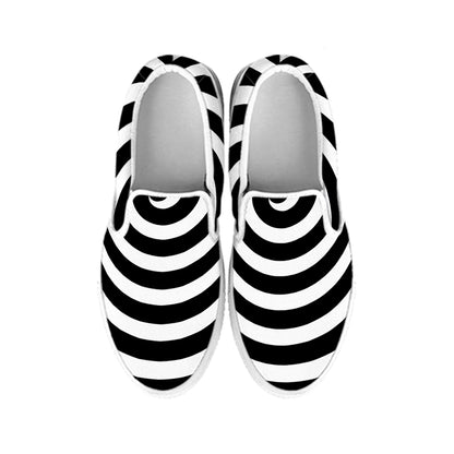 Black And White Swirl Illusion Print White Slip On Shoes