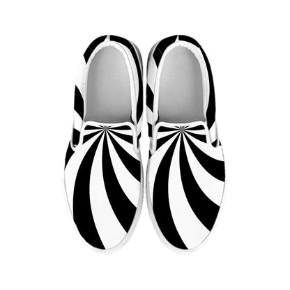 Black And White Swirl Print White Slip On Shoes