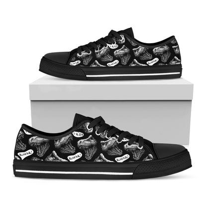 Black And White T-Rex Dinosaur Print Black Low Top Shoes