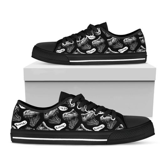 Black And White T-Rex Dinosaur Print Black Low Top Shoes