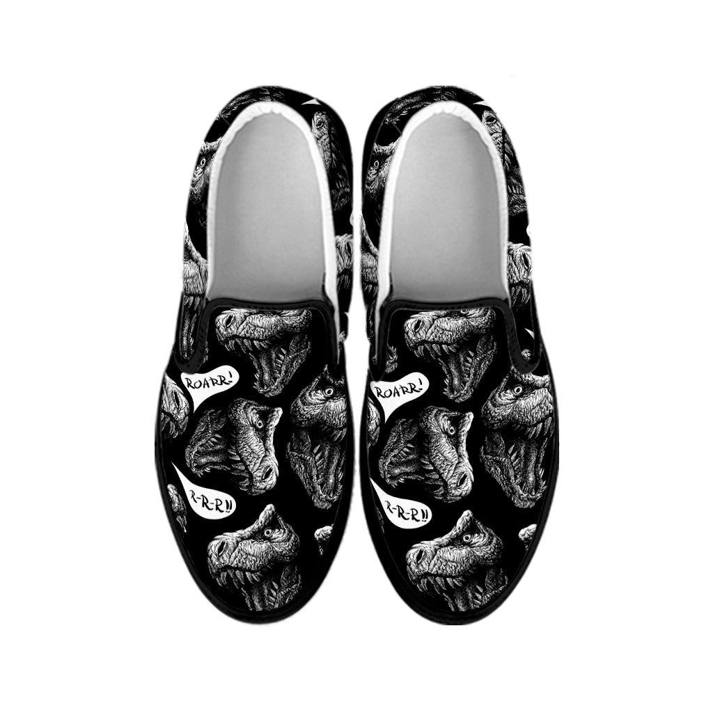 Black And White T-Rex Dinosaur Print Black Slip On Shoes