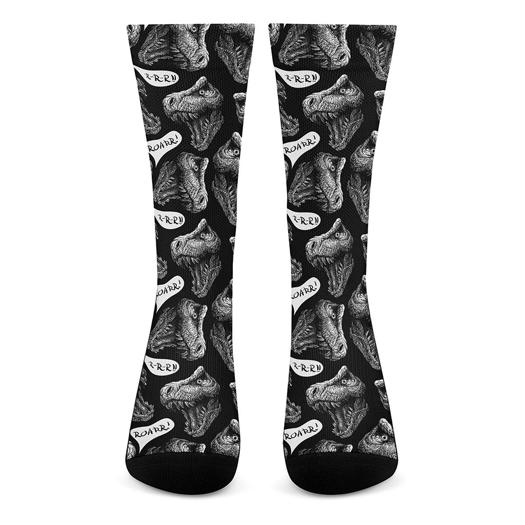 Black And White T-Rex Dinosaur Print Crew Socks