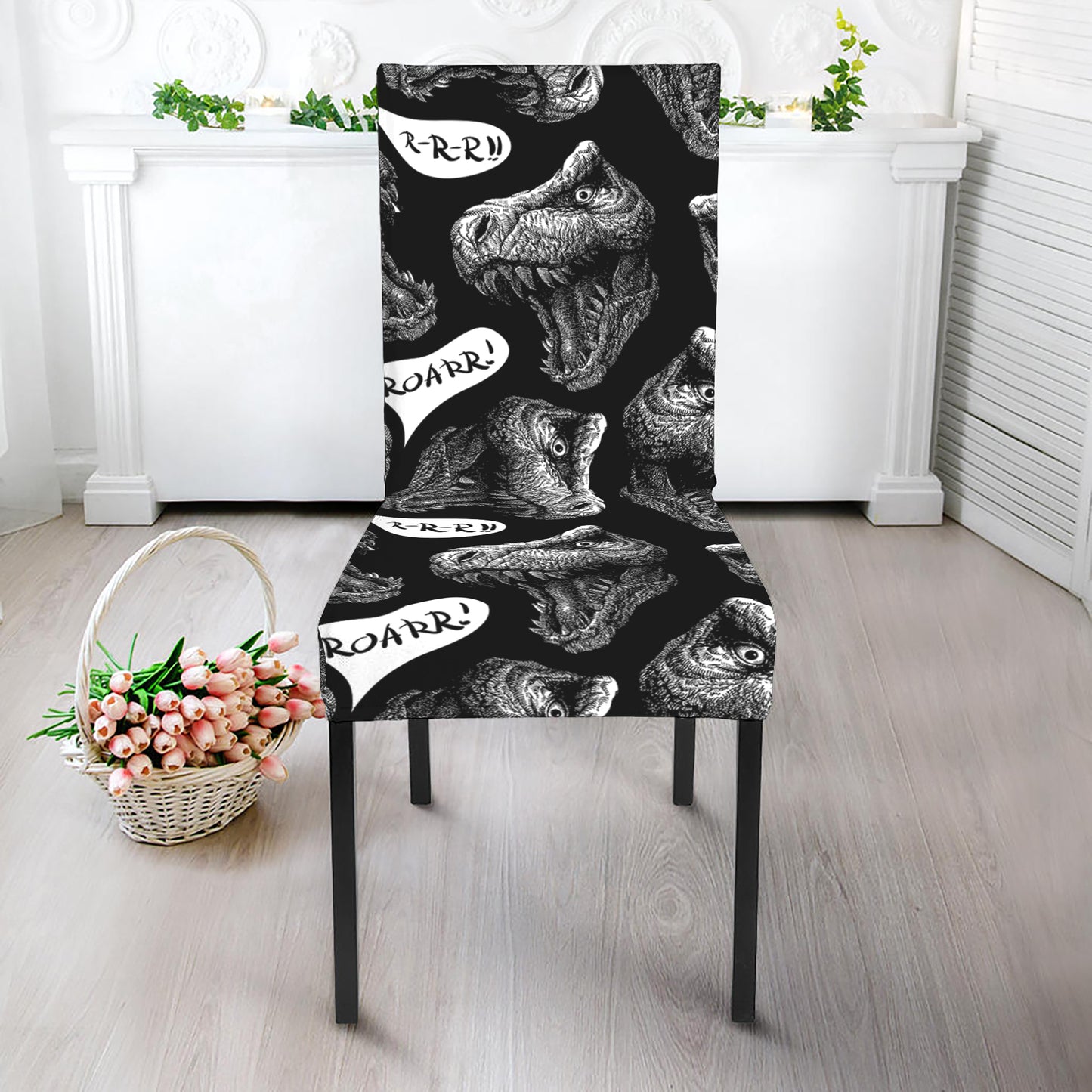 Black And White T-Rex Dinosaur Print Dining Chair Slipcover