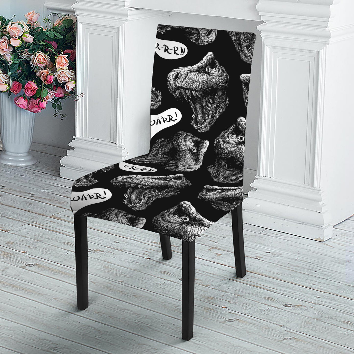 Black And White T-Rex Dinosaur Print Dining Chair Slipcover