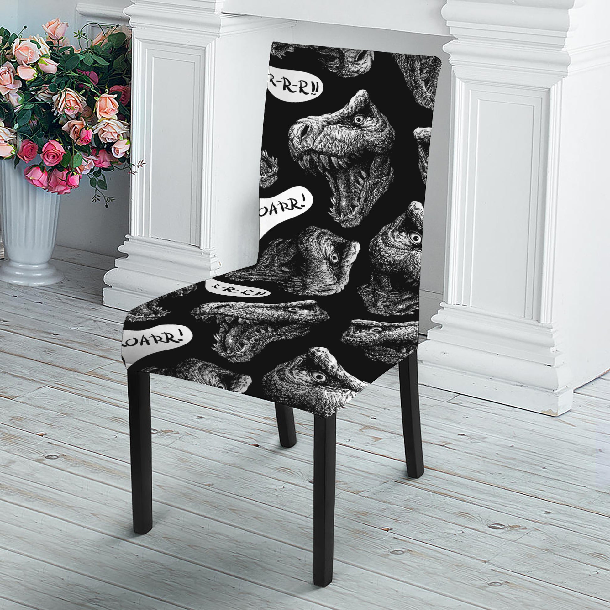 Black And White T-Rex Dinosaur Print Dining Chair Slipcover