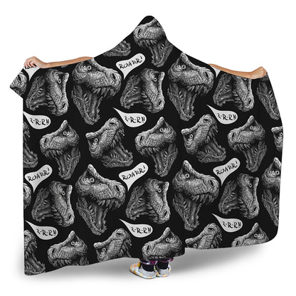 Black And White T-Rex Dinosaur Print Hooded Blanket